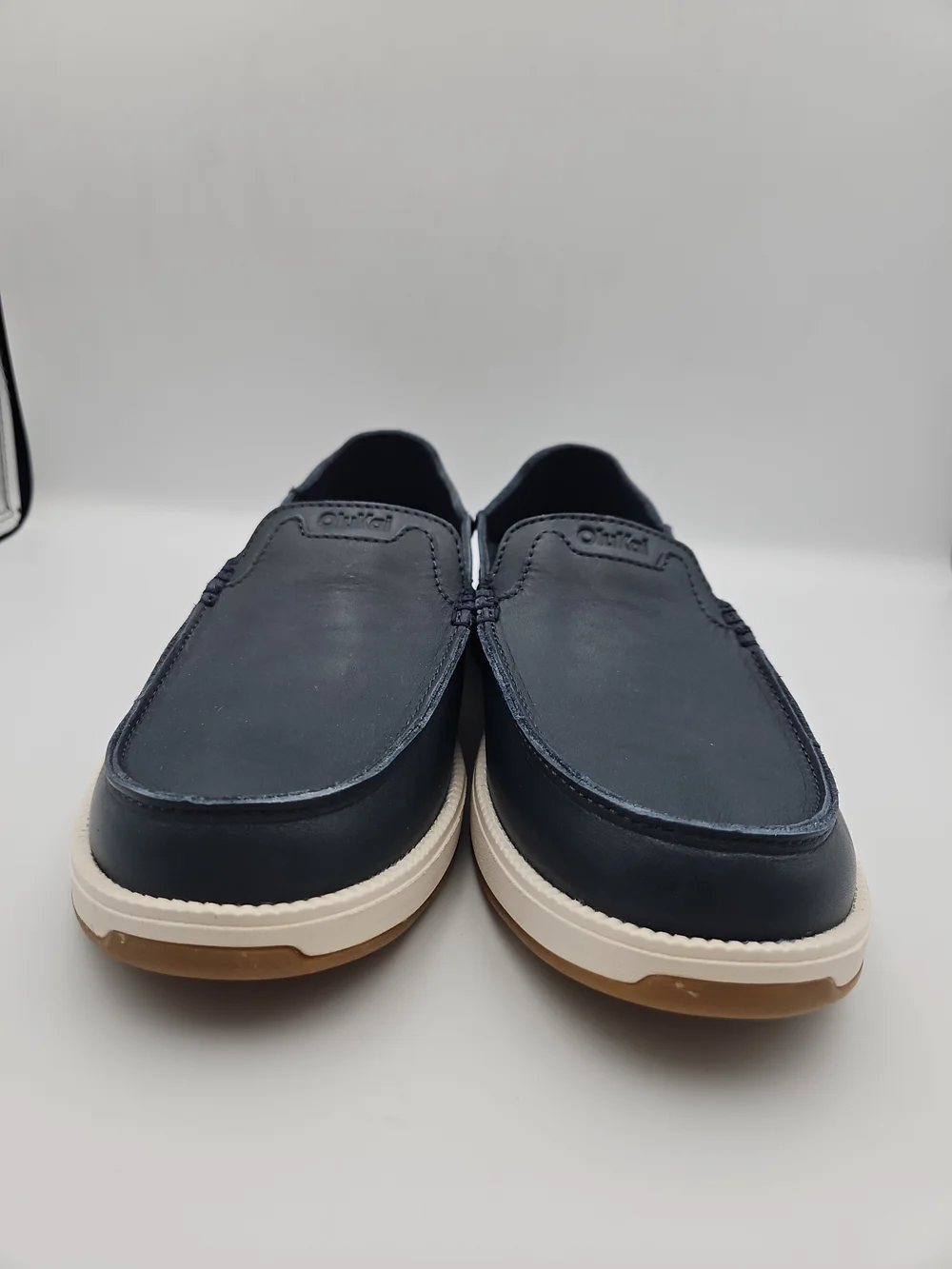 OluKai Men's Navy Leather Slip-On Loafers with Cream Sole